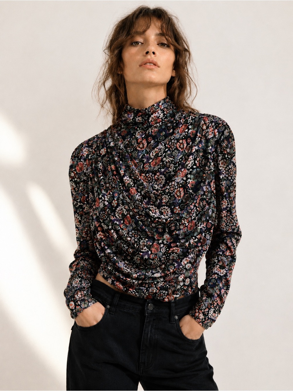 Isabel Marant Floral High Neck Draped Long Sleeve Blouse Quiet Luxury Boho Luxe